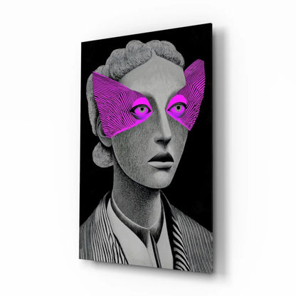 Striking black-and-white woman portrait canvas wall art with vibrant purple eye masks