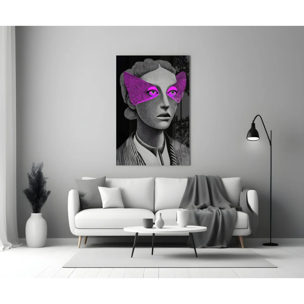 Striking black-and-white portrait canvas wall art of woman with magenta wing eye coverings