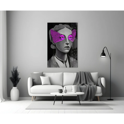 Striking black-and-white portrait canvas wall art of woman with magenta wing eye coverings