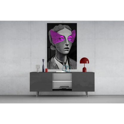 Striking black-and-white woman portrait canvas wall art with purple wing eye coverings