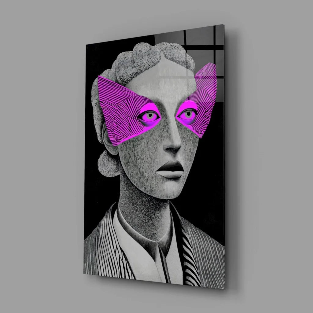 Striking black-and-white woman portrait canvas wall art with magenta striped eye coverings
