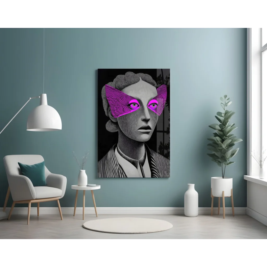 Striking black-and-white portrait of woman with magenta wing eye coverings, canvas wall art