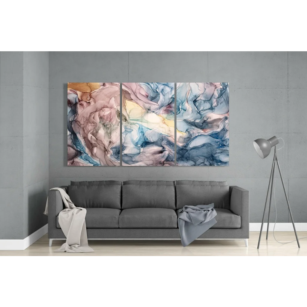 Swirling abstract glass wall art triptych in dreamy pastel pinks, blues, and beiges