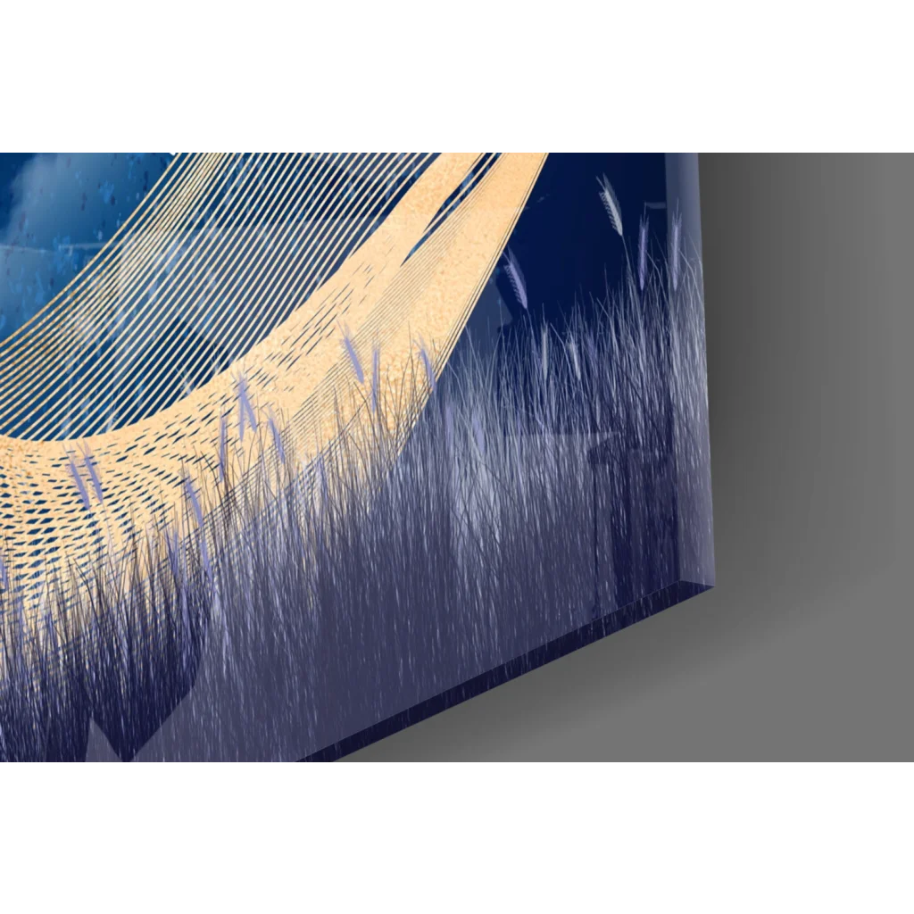 Stunning glass wall art with golden curved structure on blue background
