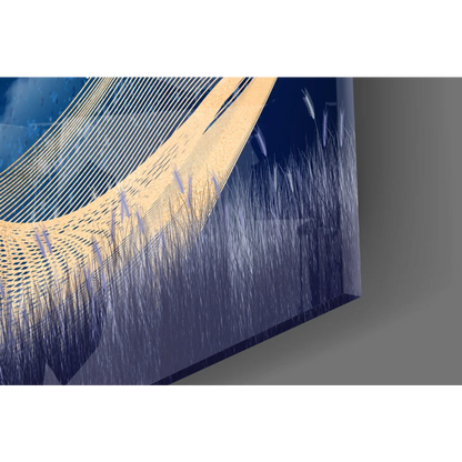 Stunning glass wall art with golden curved structure on blue background