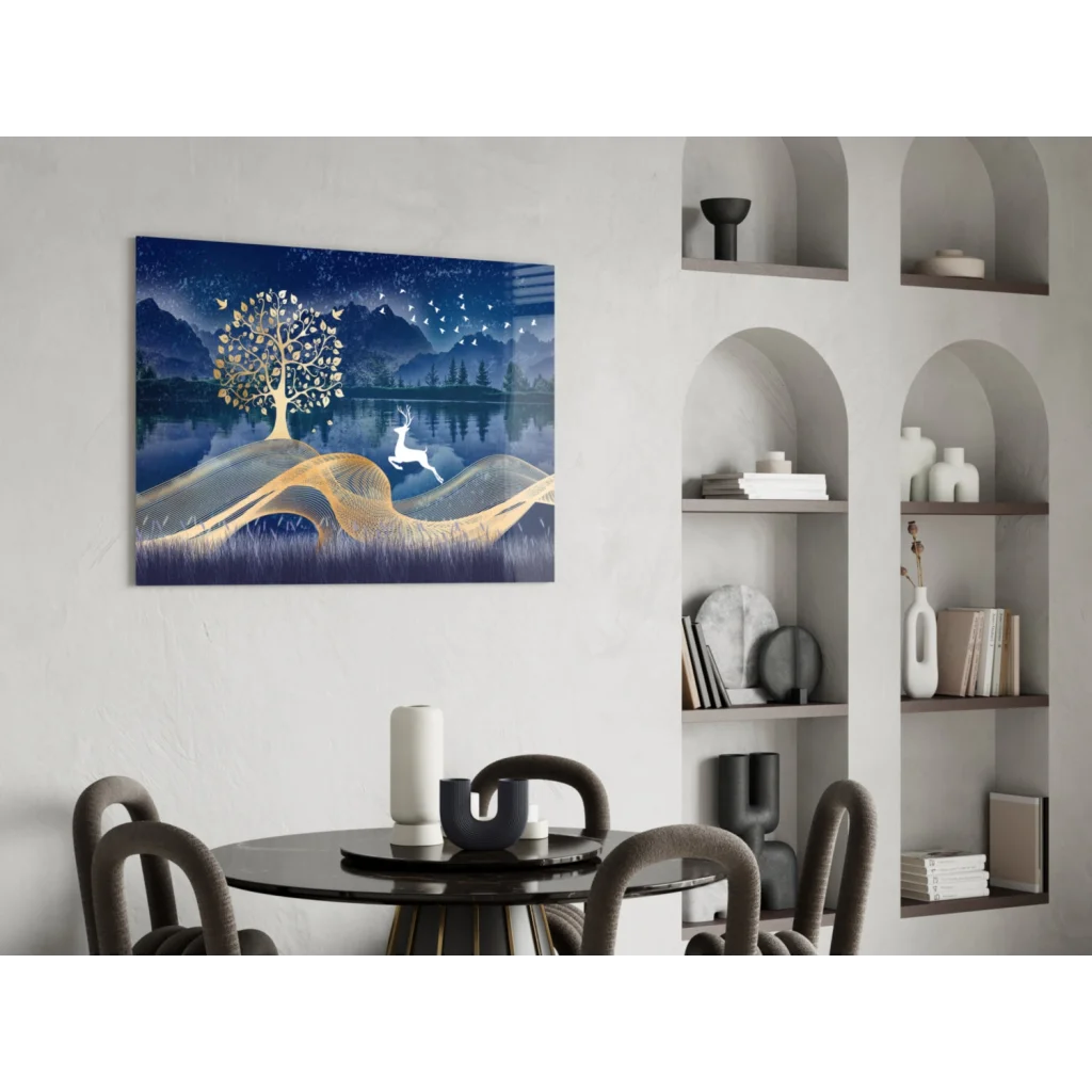 Serene blue and gold glass wall art with tree, mountains, deer, starry sky