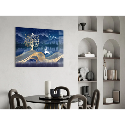 Serene blue and gold glass wall art with tree, mountains, deer, starry sky