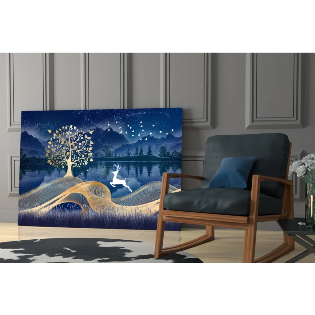 Serene glass wall art of golden tree, white deer, and birds in night scene