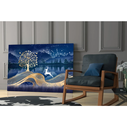 Serene glass wall art of golden tree, white deer, and birds in night scene