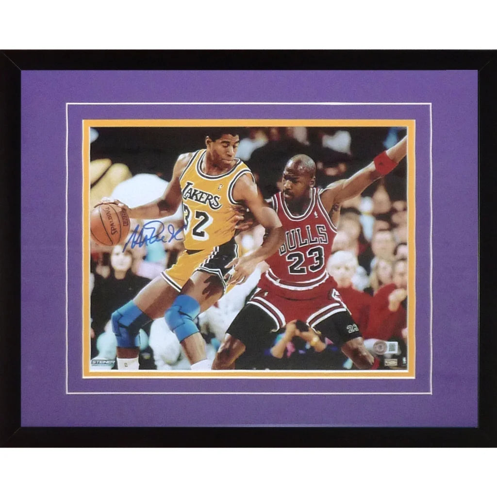 Magic Johnson autographed Lakers vs Jordan framed photo