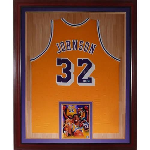 Magic Johnson autographed Los Angeles Lakers yellow #32 framed jersey back