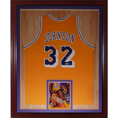 Magic Johnson autographed Los Angeles Lakers yellow #32 framed jersey back