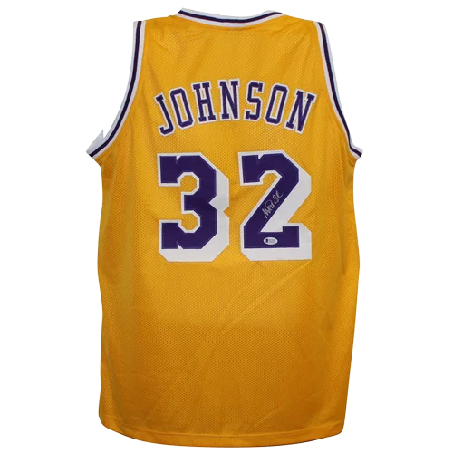 Magic Johnson autographed custom Lakers jersey with yellow and purple design