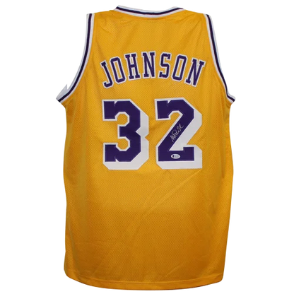 Magic Johnson autographed custom Lakers jersey with yellow and purple design