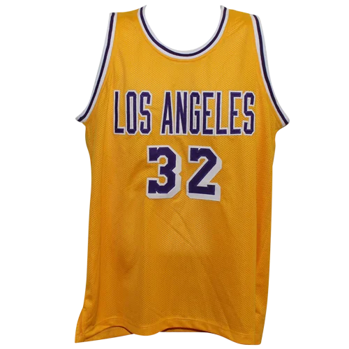 Magic Johnson autographed custom jersey in golden mesh with purple 32