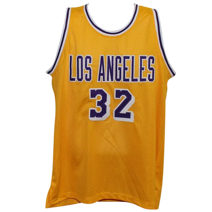 Magic Johnson autographed custom jersey in golden mesh with purple 32