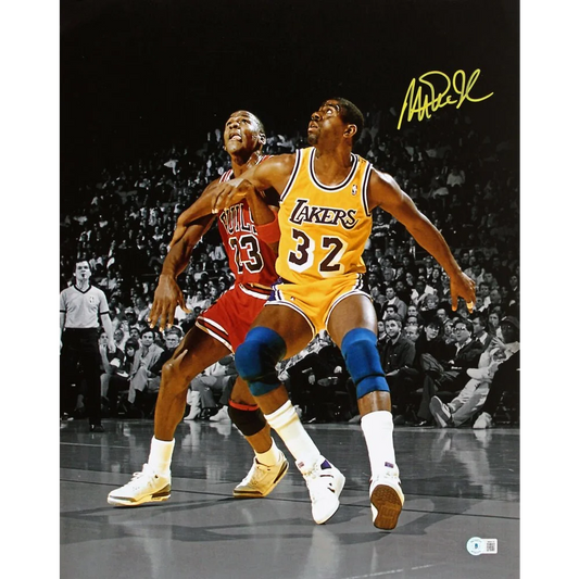 Autographed Magic Johnson and Michael Jordan action photo in Beckett case