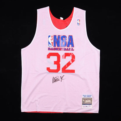 White and red Magic Johnson signed reversible basketball jersey with number 32 and signature
