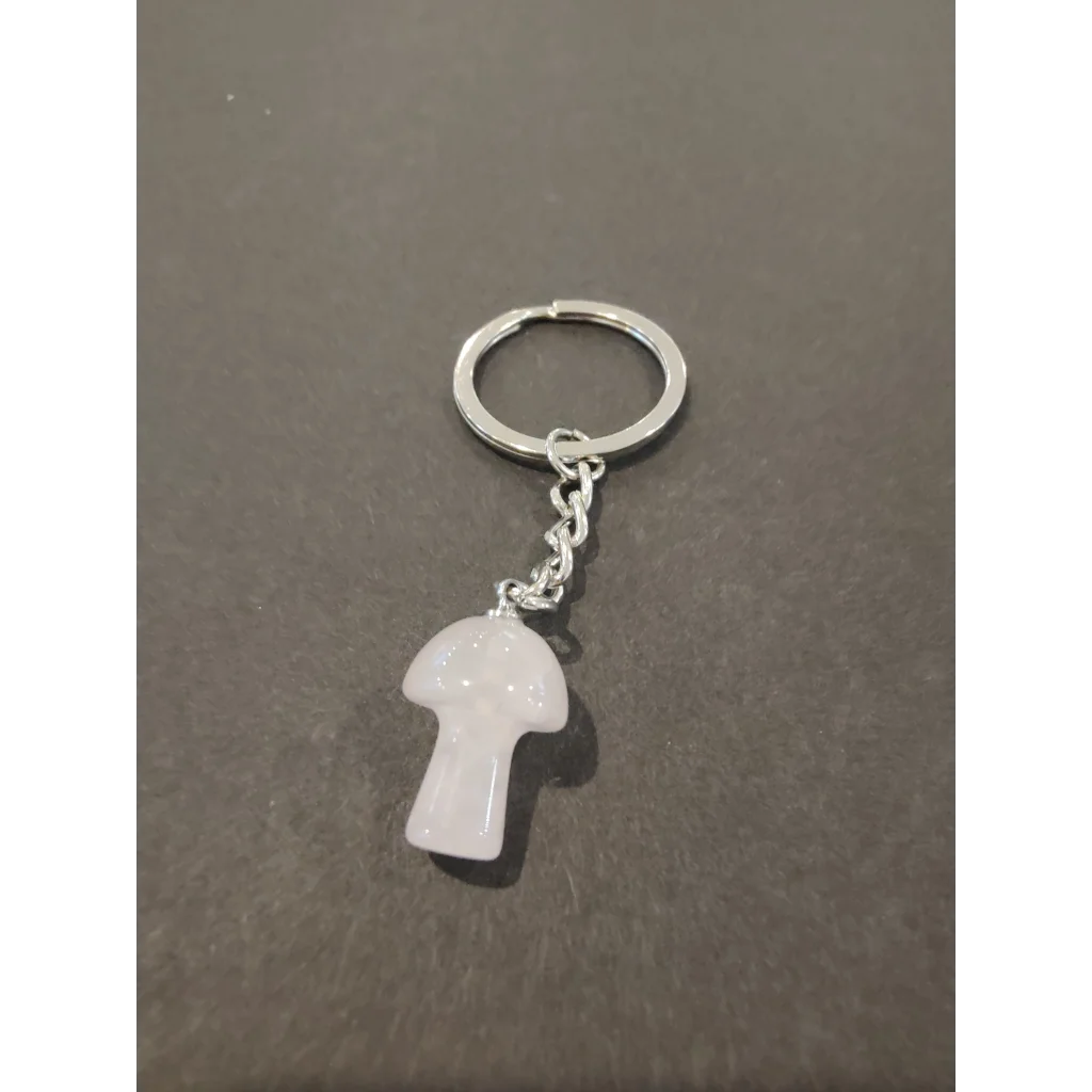 White stone mushroom keychain with silver ring and chain
