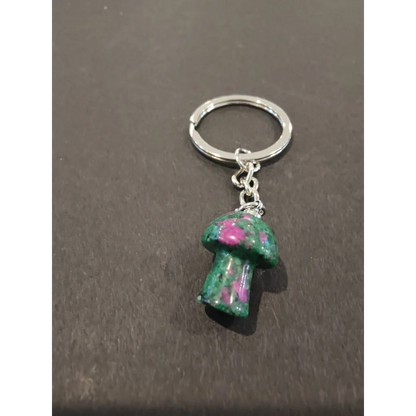 Vibrant green and pink stone mushroom keychain with silver ring