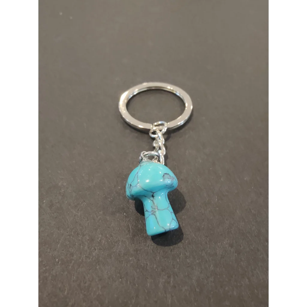 Vibrant turquoise stone mushroom keychain with silver ring and chain