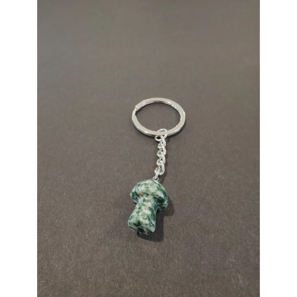 Vibrant green white stone mushroom keychain with silver ring