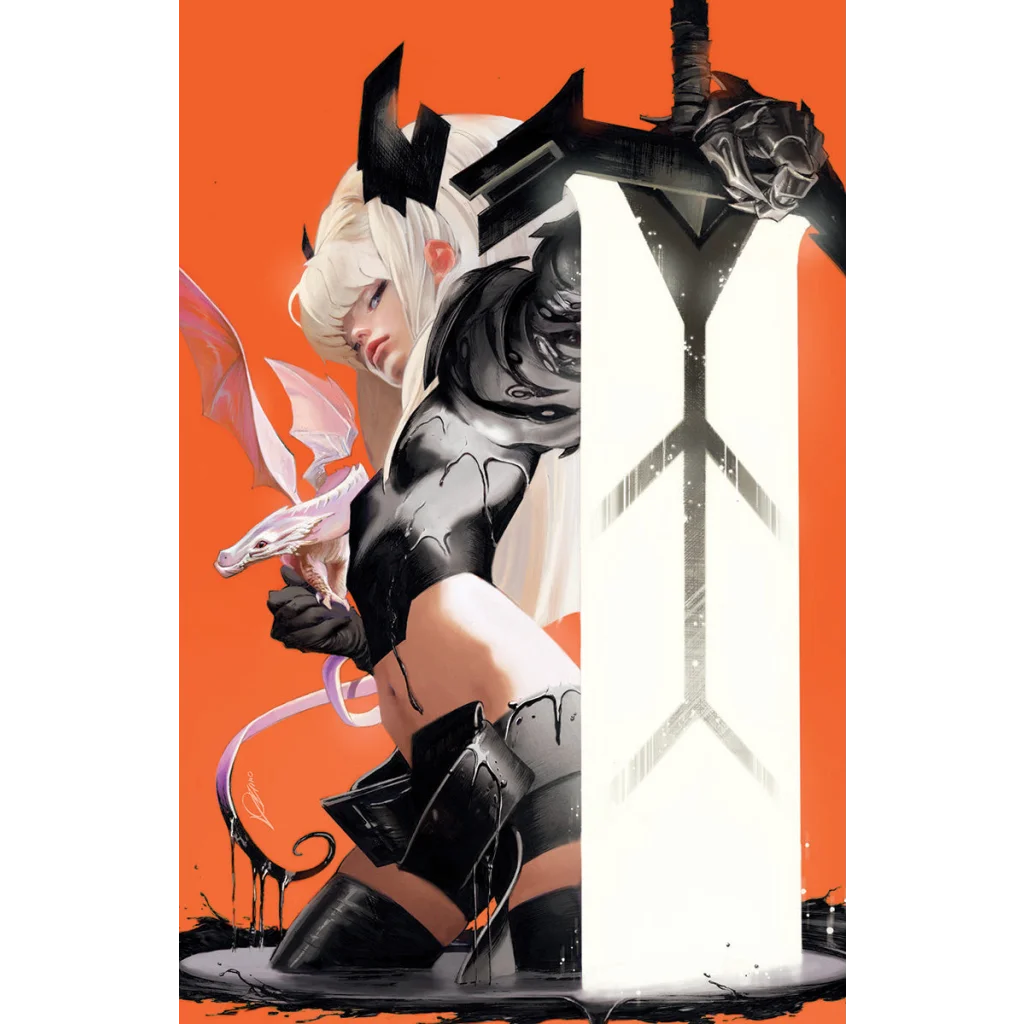 Black and white comic character with horns, gloves, boots, and rose on chest from Magik #1 by Alexander Lozano