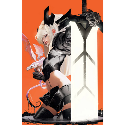 Black and white comic character with horns, gloves, boots, and rose on chest from Magik #1 by Alexander Lozano