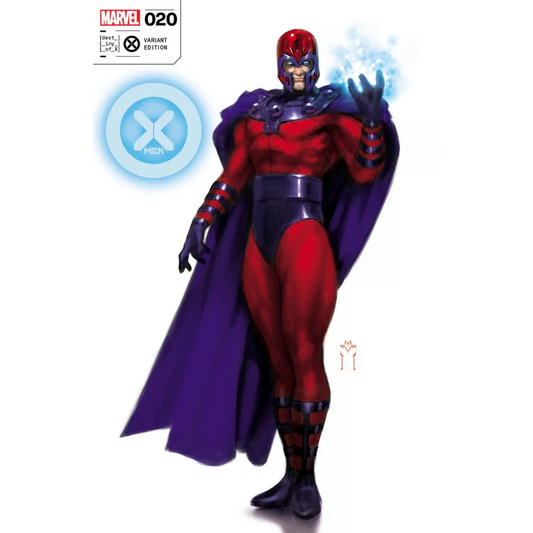 Magneto in his classic red and purple costume with glowing blue energy in X-Men #20 cover