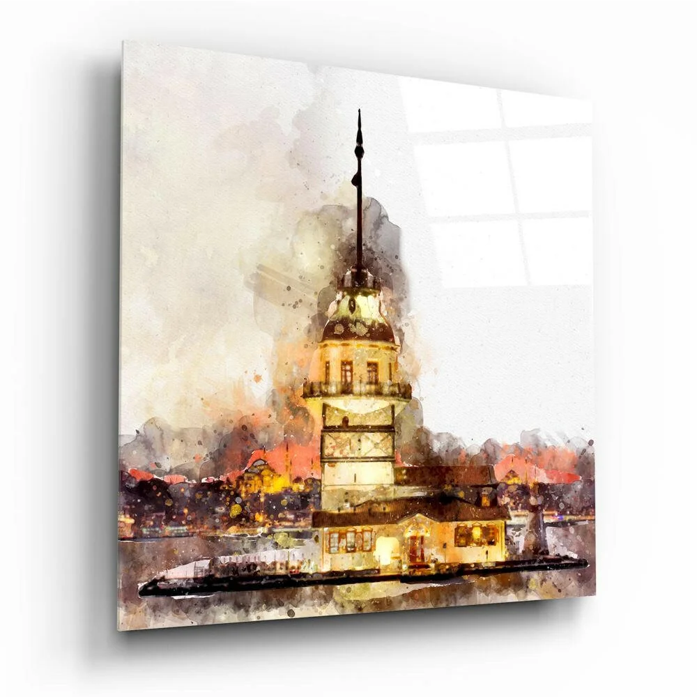 Watercolor Galata Tower glass wall art in warm golden tones