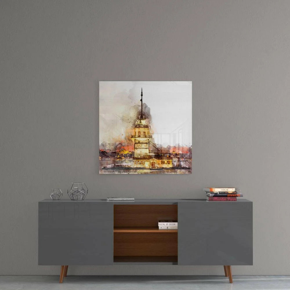 Watercolor Galata Tower glass wall art in warm golden tones