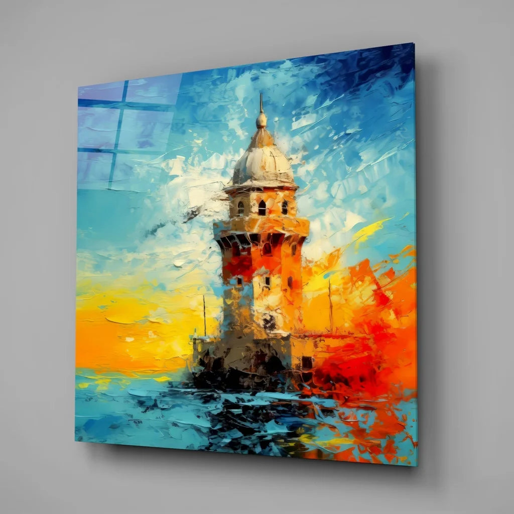 Vibrant Galata Tower tempered glass art in bold blues, oranges, yellows