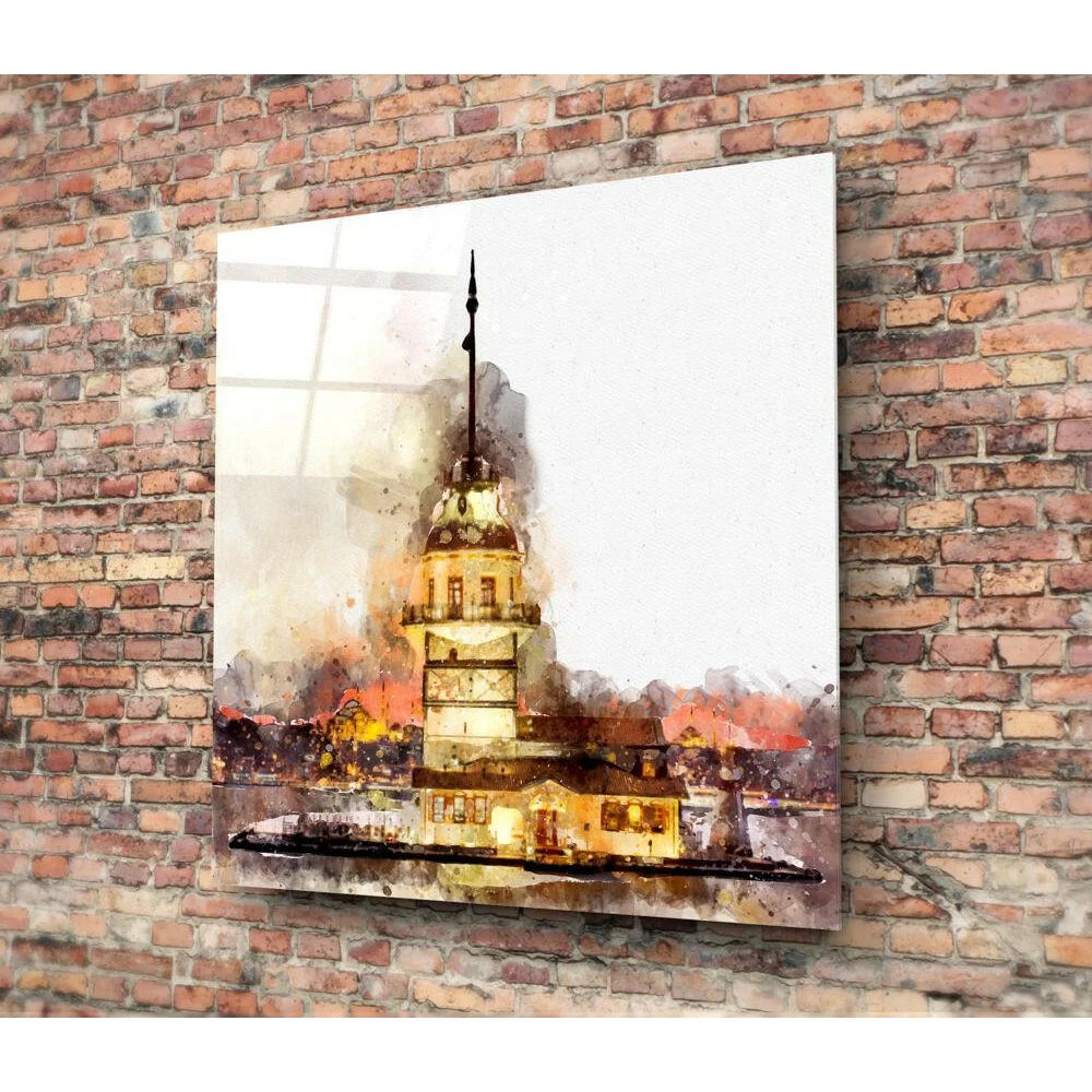 Galata Tower watercolor glass wall art in warm golden tones