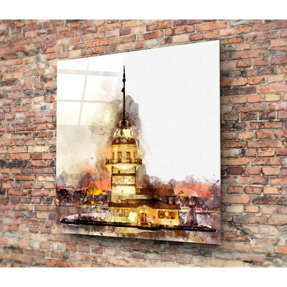 Galata Tower watercolor glass wall art in warm golden tones