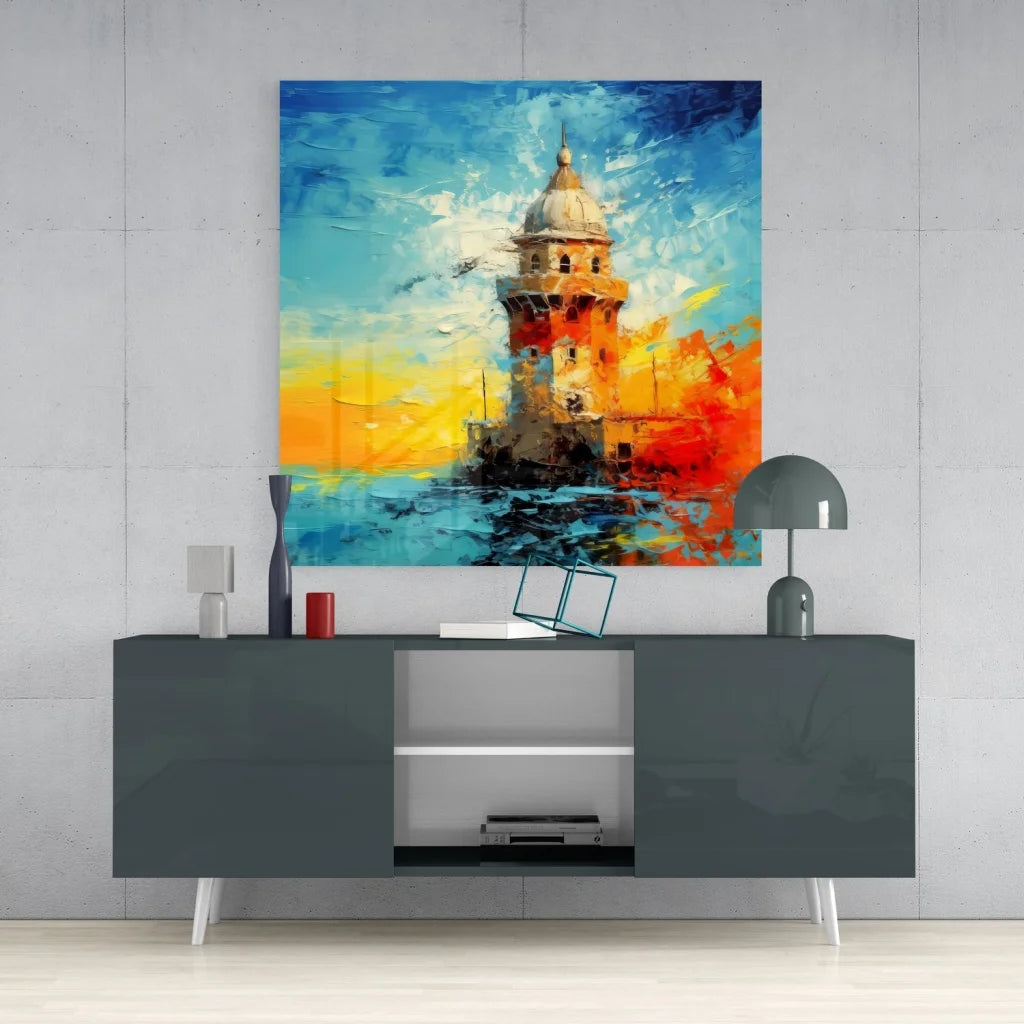 Vibrant Galata Tower tempered glass art in bold blues, oranges, yellows