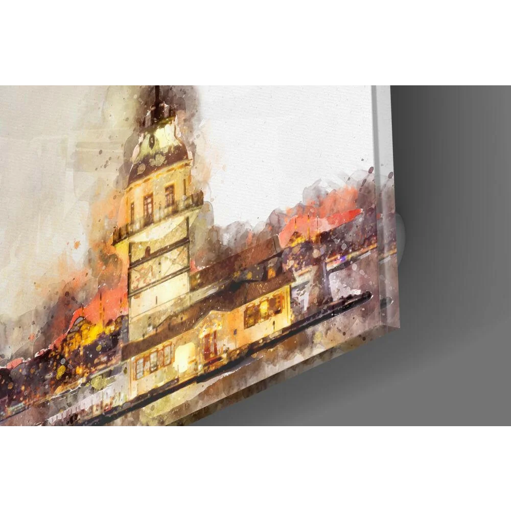 Galata Tower watercolor glass wall art in warm golden tones