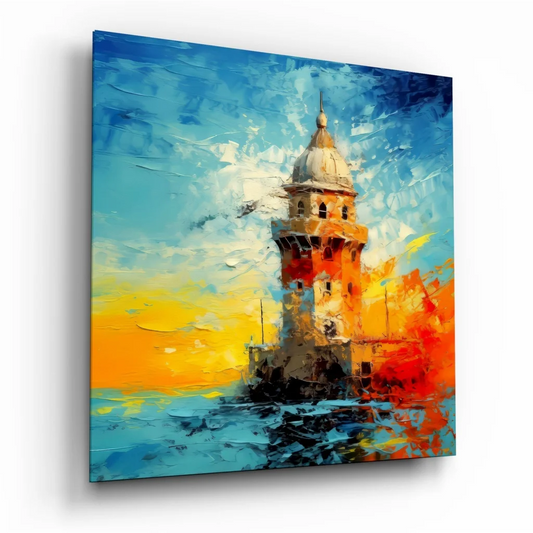 Vibrant impressionist Galata Tower tempered glass art with bold colors
