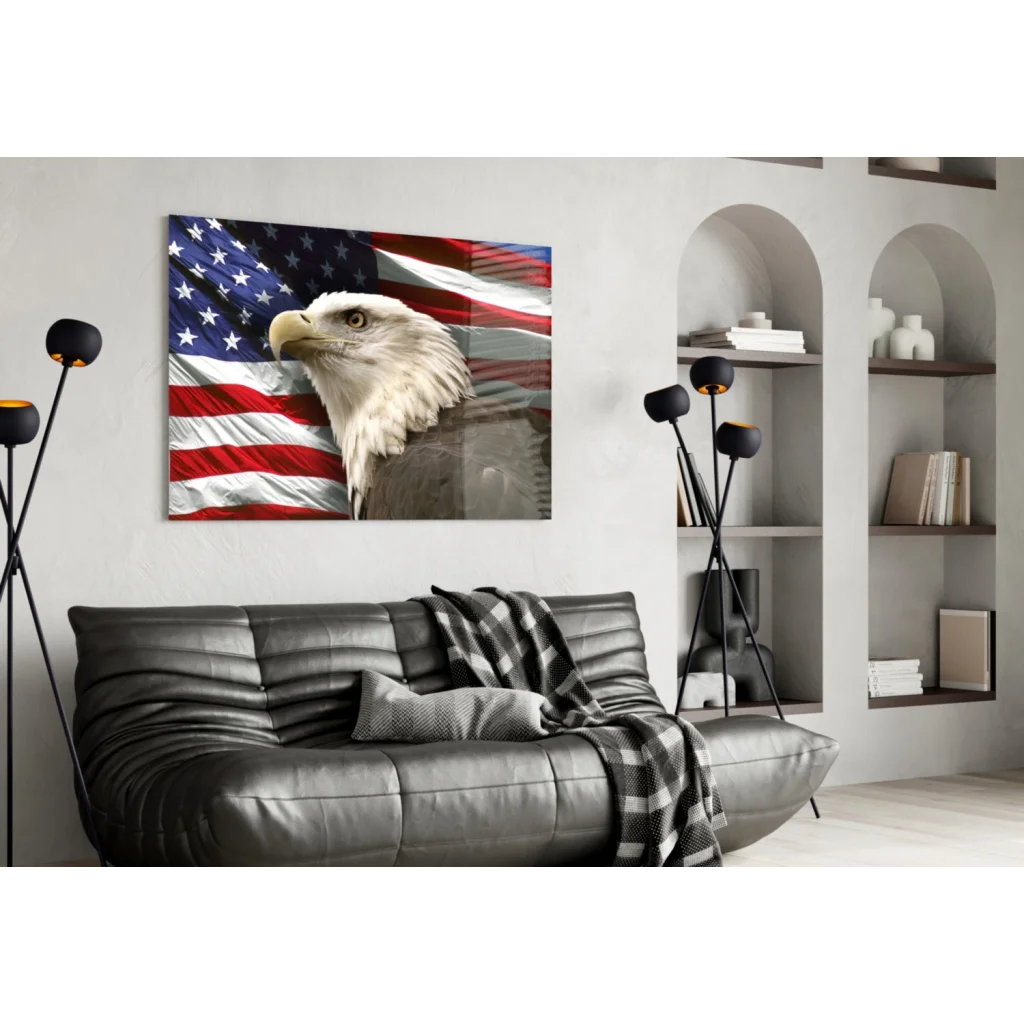 Majestic bald eagle on American flag wall art canvas print