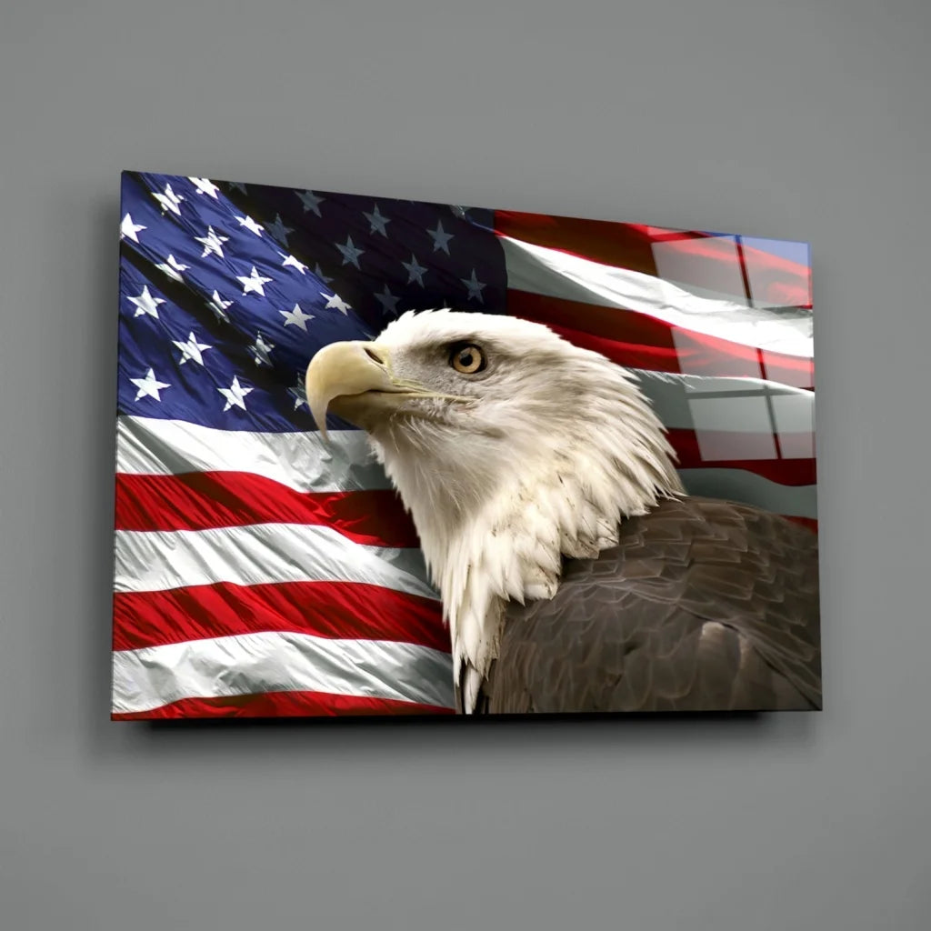 Majestic bald eagle on American flag wall art canvas print