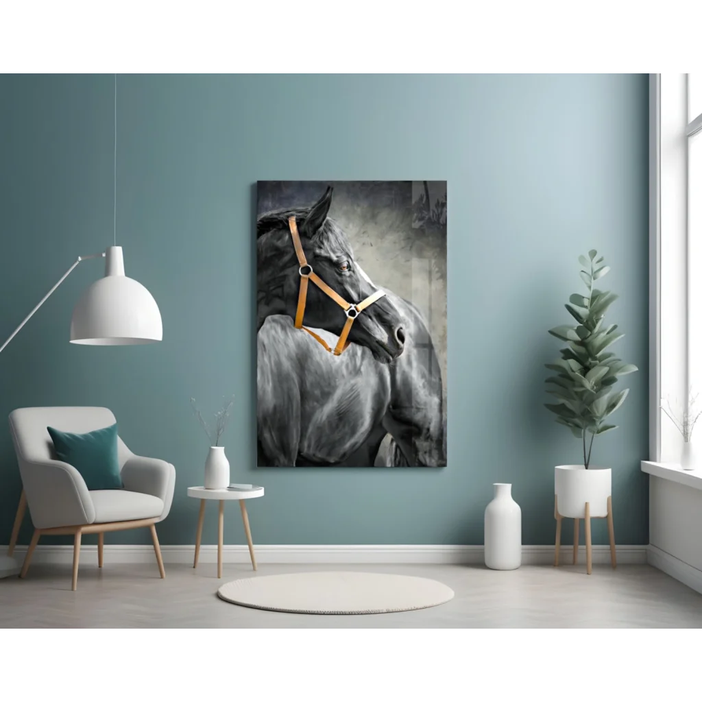 Majestic black horse portrait canvas wall art with tan halter detail