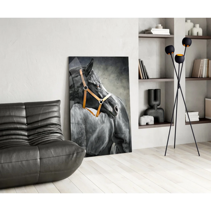 Majestic black horse canvas wall art with tan leather bridle details