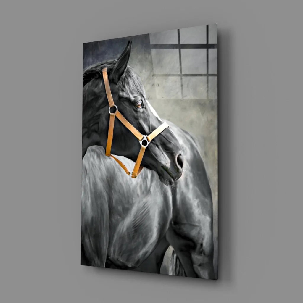 Majestic black horse portrait canvas wall art with tan leather halter