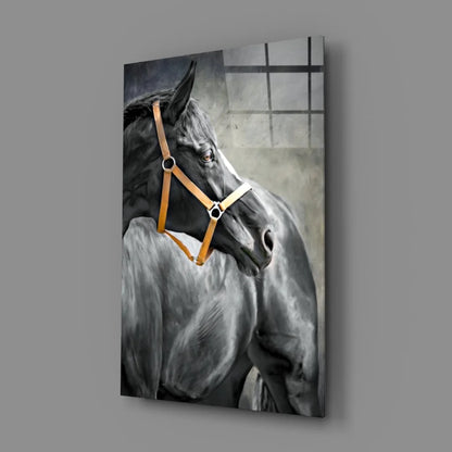 Majestic black horse portrait canvas wall art with tan leather halter