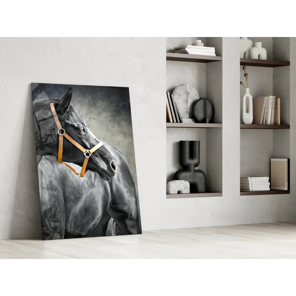 Black and white majestic horse portrait canvas wall art with tan leather halter