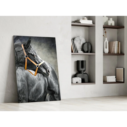 Black and white majestic horse portrait canvas wall art with tan leather halter