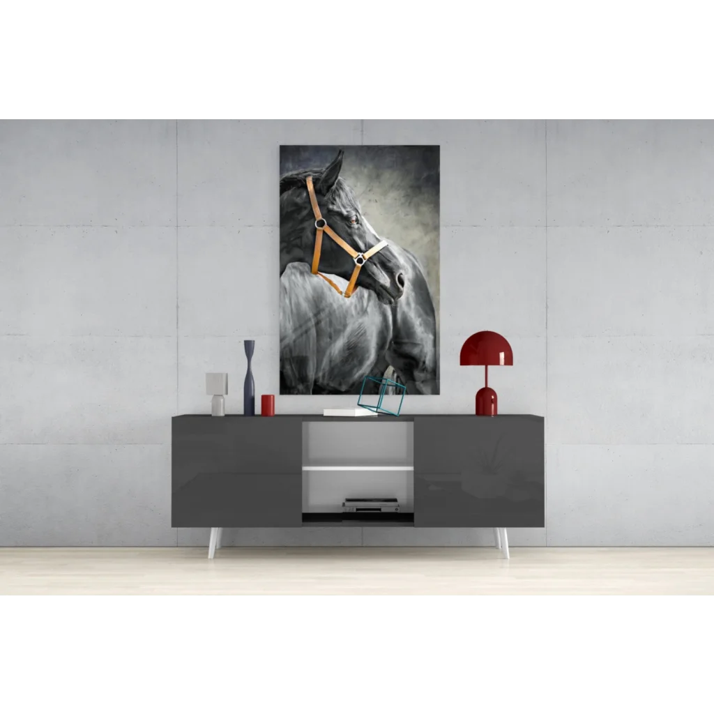 Majestic black horse portrait canvas wall art on gray wall