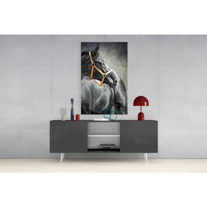 Majestic black horse portrait canvas wall art on gray wall