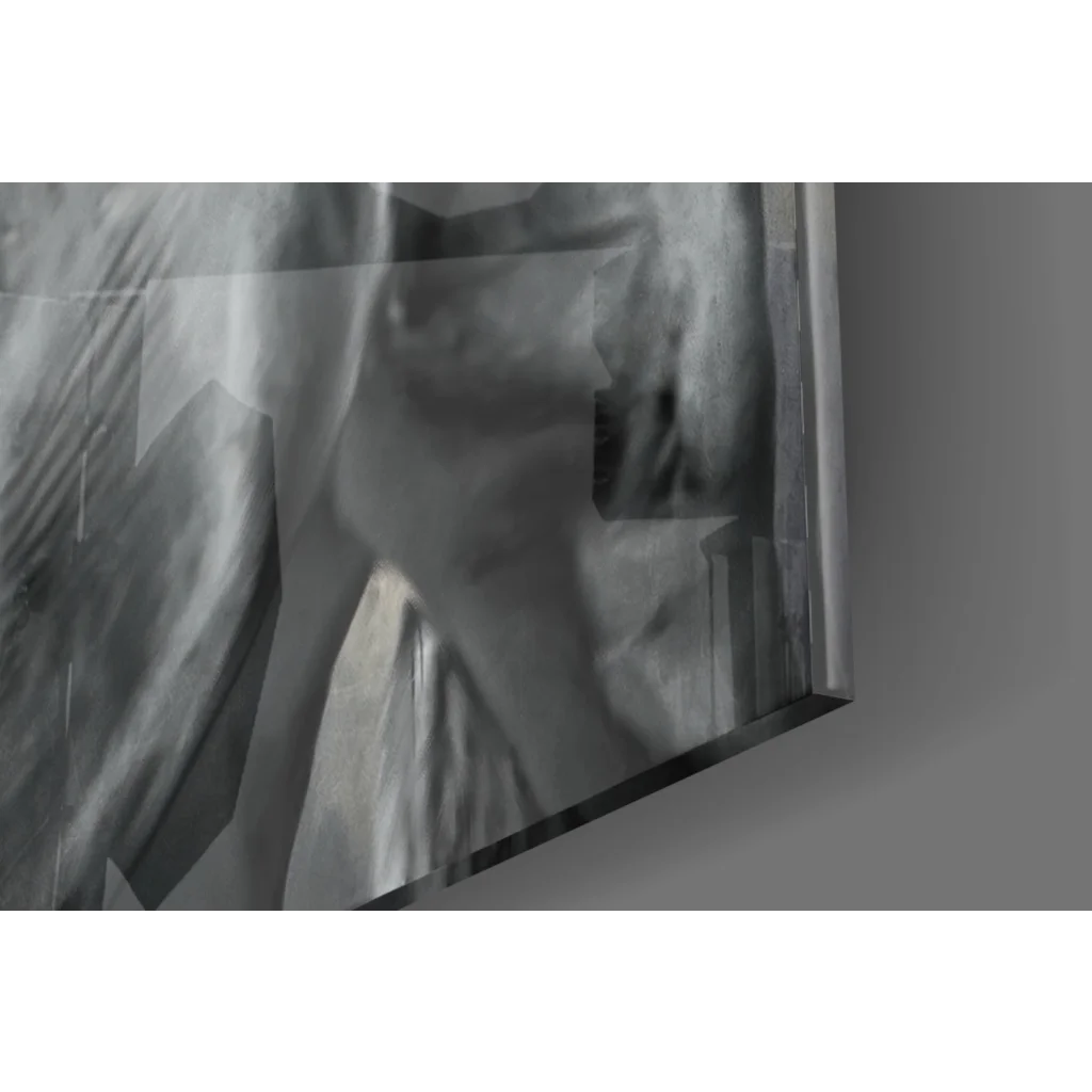 Sleek black-and-white abstract horse portrait wall art with leather details