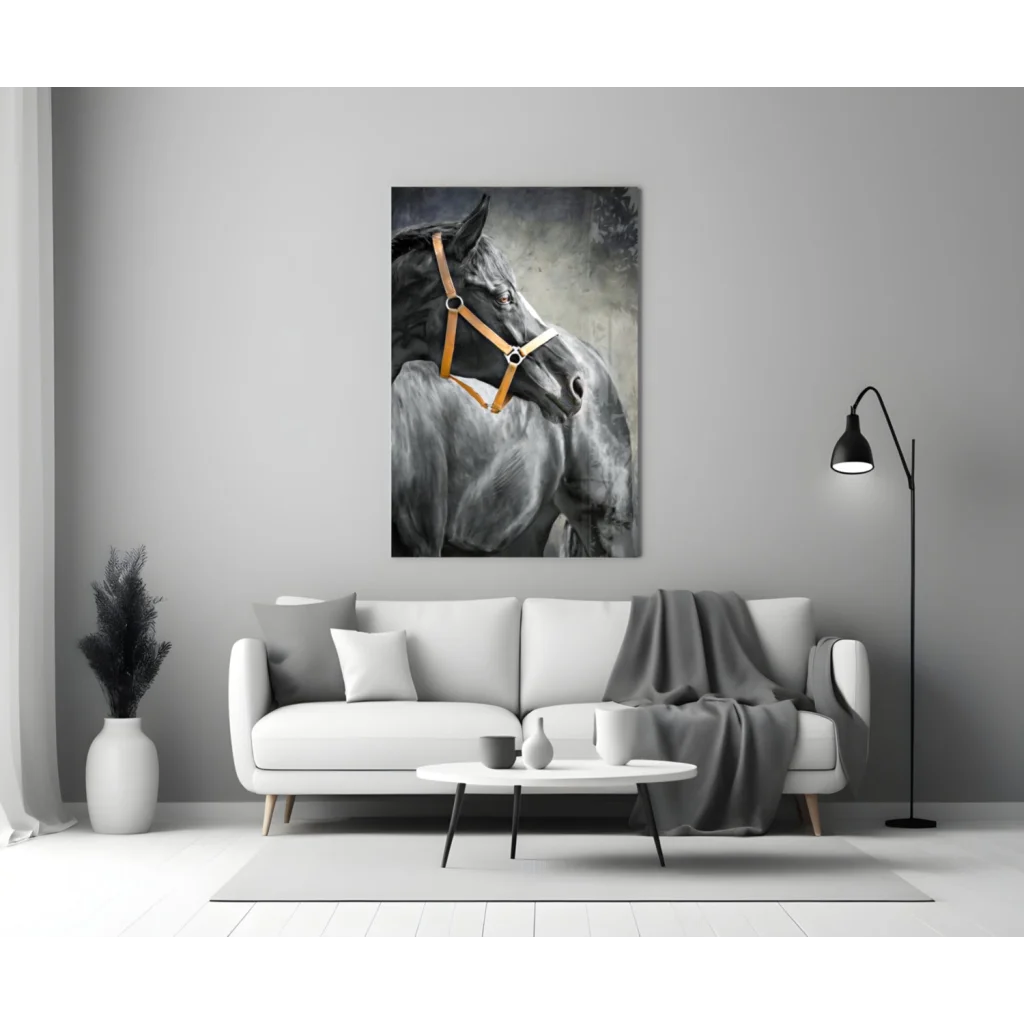 Majestic black horse portrait canvas wall art with tan leather halter