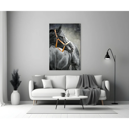 Majestic black horse portrait canvas wall art with tan leather halter